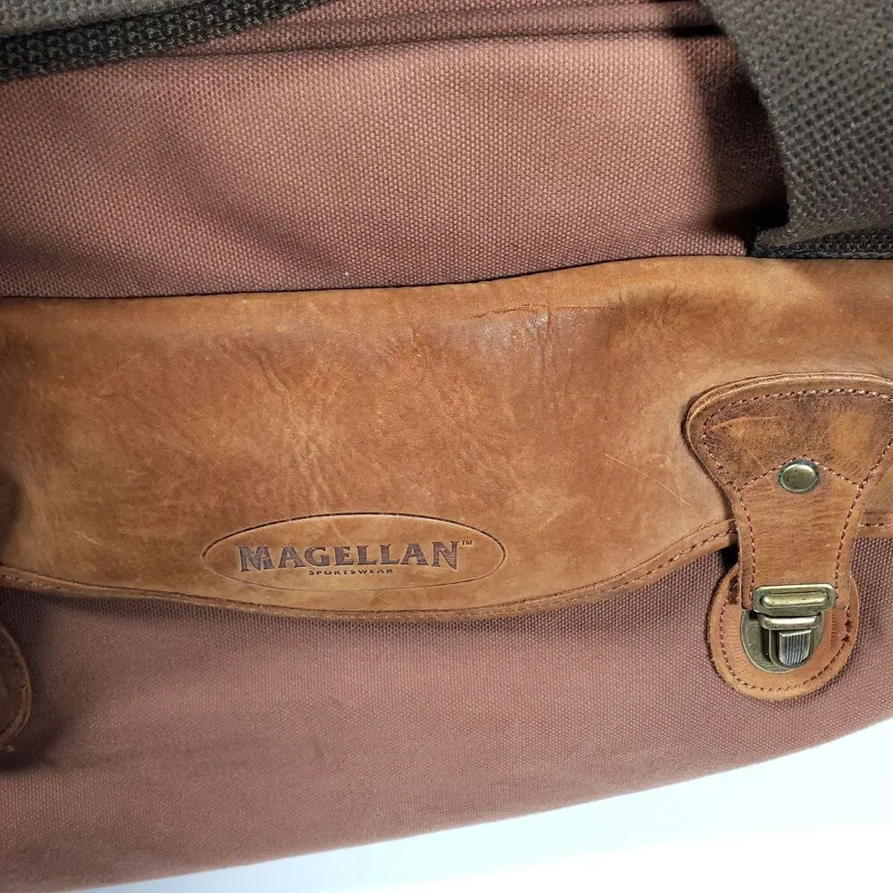 Vintage Magellan Large Duffle Bag Brown Rust Red Canvas Leather Trim Rugged
